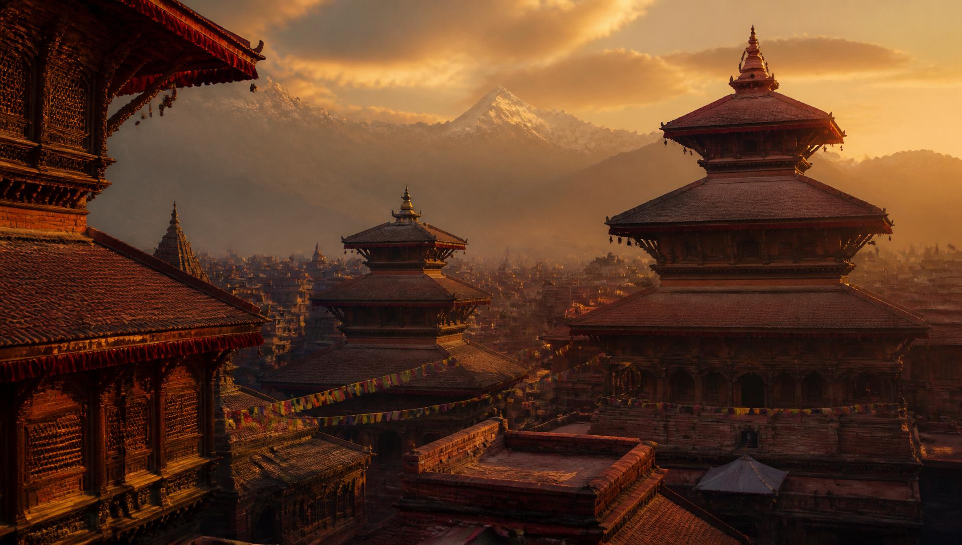 Vallée de Katmandou au coucher du soleil — temples newars et Himalaya
